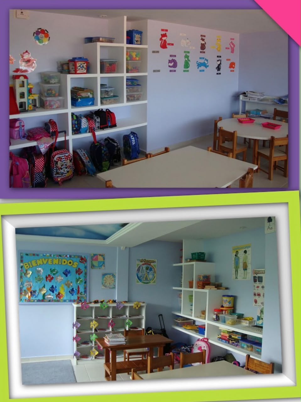 Aulas con mesas de trabajo, estantes con material didáctico y carteleras en inglés